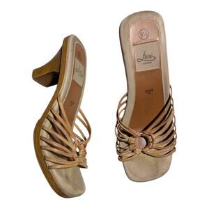 Vtg Y2K Fioni Beige Leather Strappy Faux Wooden Heel Mule Slide Sandals Sz 9.5